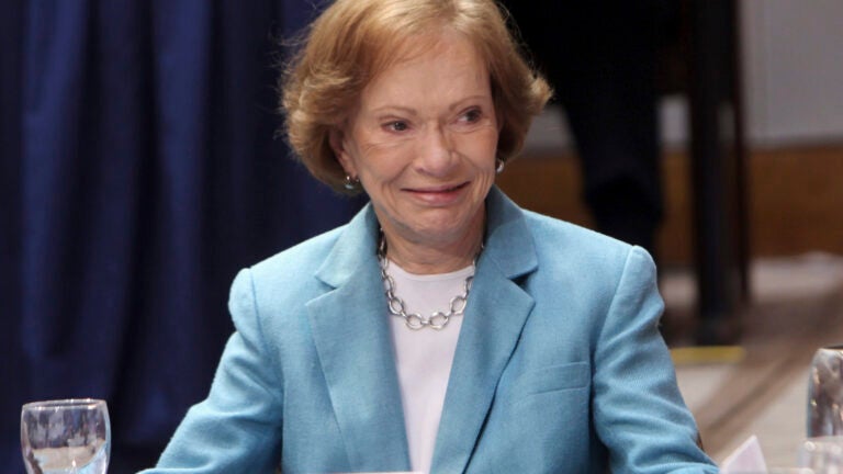 FILE - Former First Lady Rosalynn Carter listens to a speaker at The Carter Center in Atlanta on April 6, 2011.