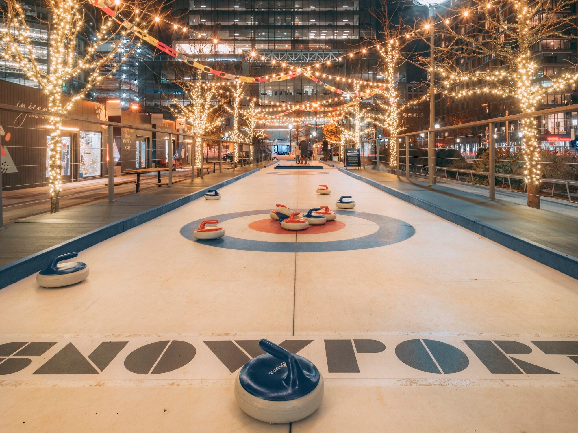 Snowport's iceless curling rink in Boston's Seaport neighborhood.