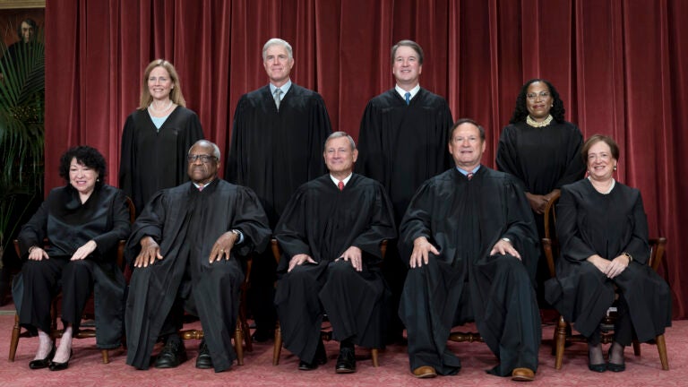 Bottom row, from left, Justice Sonia Sotomayor, Justice Clarence Thomas, Chief Justice John Roberts, Justice Samuel Alito, and Justice Elena Kagan. Top row, from left, Justice Amy Coney Barrett, Justice Neil Gorsuch, Justice Brett Kavanaugh, and Justice Ketanji Brown Jackson.