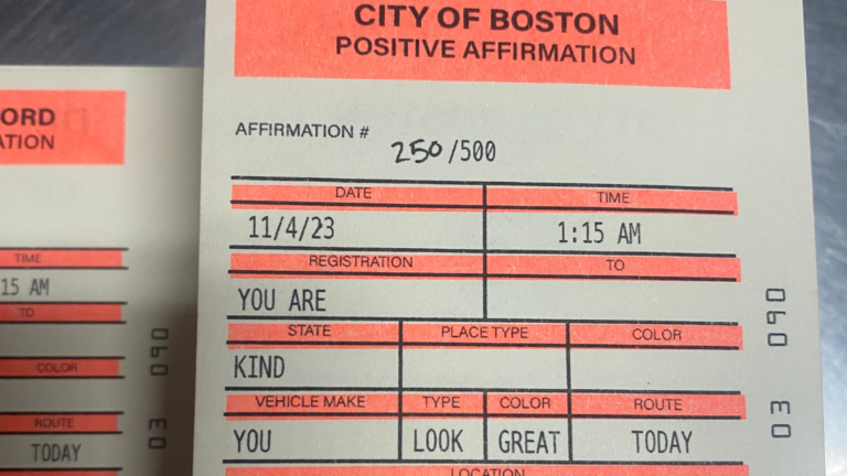 A picture of a fake parking ticket that features several positive affirmations.