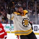 BOSTON, MASSACHUSETTS - OCTOBER 28: David Pastrnak #88 of the Boston Bruins celebrates after scoring a penalty shot awarded after he was slashed by Jake Walman #96 of the Detroit Red Wings during the third period at TD Garden on October 28, 2023 in Boston, Massachusetts. The Bruins defeat the Red Wings 4-1. (Photo by Maddie Meyer/Getty Images)
