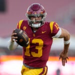 Southern California quarterback Caleb Williams (13) runs during the first half of an NCAA college football game against Washington Saturday, Nov. 4, 2023, in Los Angeles.