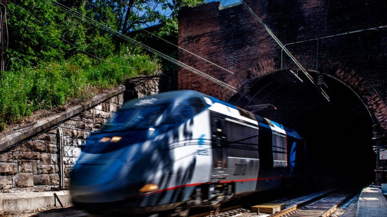 An Acela train makes its way out of the Wilson Street tunnel in Baltimore.