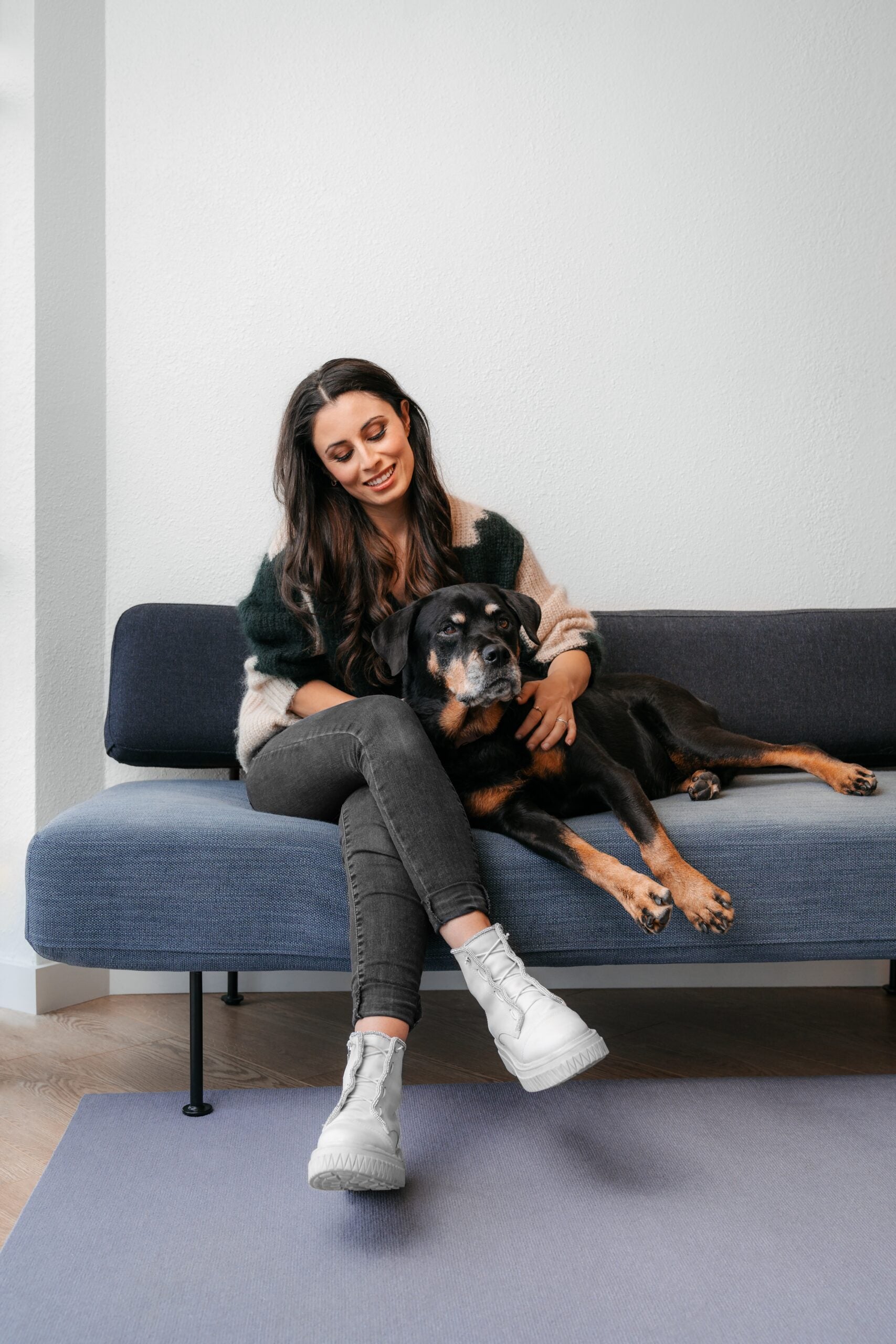 Celine Halioua, the founder and chief executive of the biotech company Loyal, with her aging Rottweiler Della.