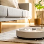 A robotic vacuum on an area rug next to a couch with thin legs.