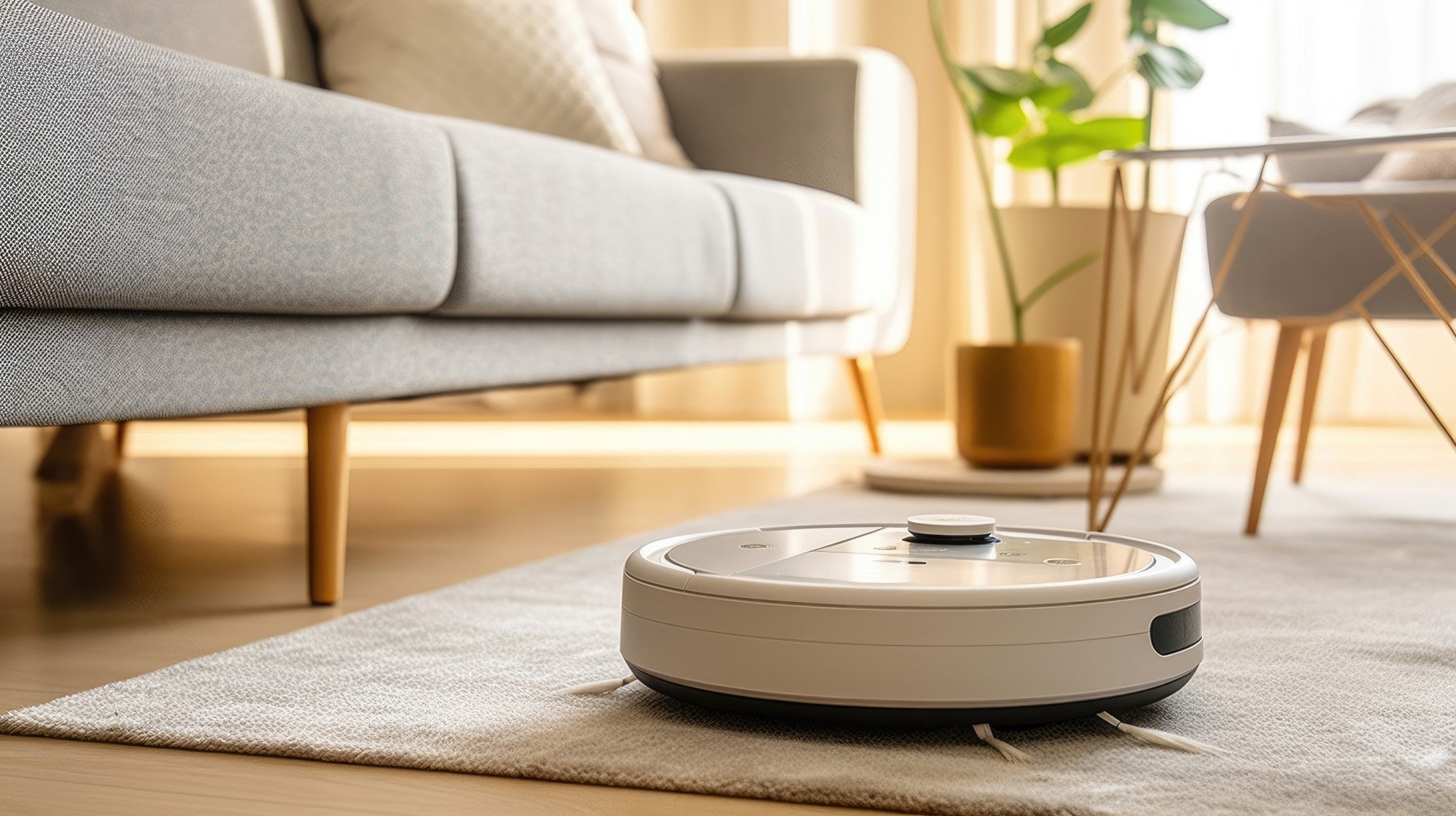 A robotic vacuum on an area rug next to a couch with thin legs.