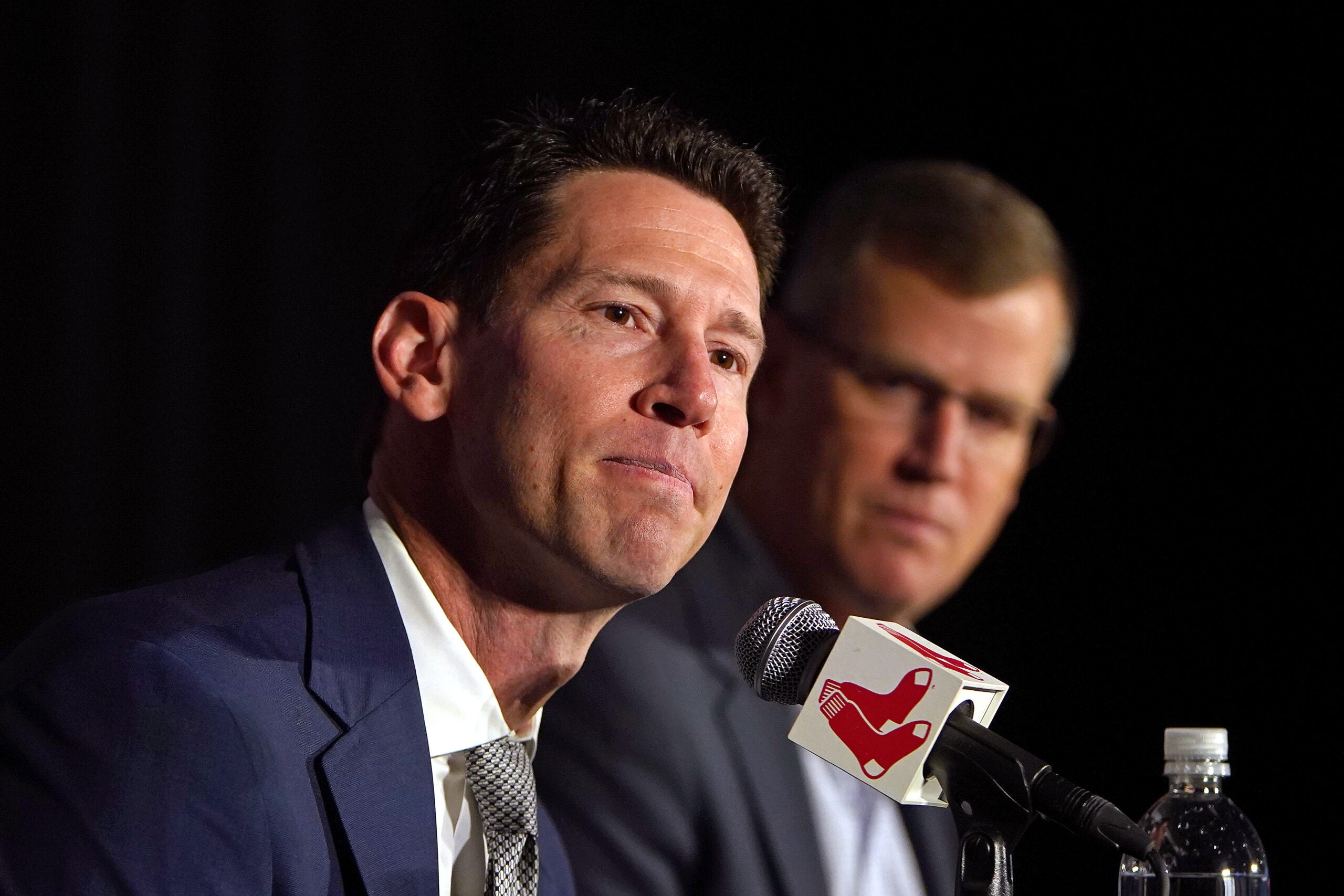 Craig Breslow and Sam Kennedy made up the entirely of the dais at Thursday's press conference at Fenway Park.