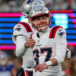 New England Patriots kicker Chad Ryland reacting after missing a game tying 35-yard field goal against the New York Giants during fourth quarter NFL action at MetLife Stadium.