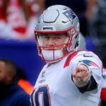 New England Patriots quarterback Mac Jones before they play the New York Giants during NFL action at MetLife Stadium.