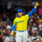 BOSTON, MA - 7/26/2023 Boston Red Sox first baseman Triston Casas (36) points to the sky after his home run during the seventh inning of Wednesday’s game against the Atlanta Brave’s at Fenway Park.