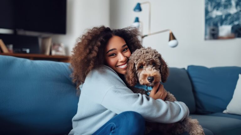 Women hugging her dog.