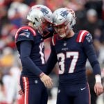FOXBOROUGH, MASSACHUSETTS - DECEMBER 17: Bryce Baringer #17 and Chad Ryland #37 of the New England Patriots celebrate after Ryland's field goal during the second quarter against the Kansas City Chiefs at Gillette Stadium on December 17, 2023 in Foxborough, Massachusetts.