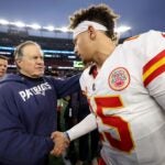 Head coach Bill Belichick of the New England Patriots and Patrick Mahomes #15 of the Kansas City Chiefs shake hands after Kansas City's 27-17 win at Gillette Stadium on December 17, 2023 in Foxborough, Massachusetts.