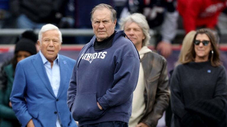 FOXBOROUGH, MASSACHUSETTS - DECEMBER 17: New England Patriots owner Robert Kraft and head coach Bill Belichick of the New England Patriots look on prior to a game against the Kansas City Chiefs at Gillette Stadium on December 17, 2023 in Foxborough, Massachusetts.
