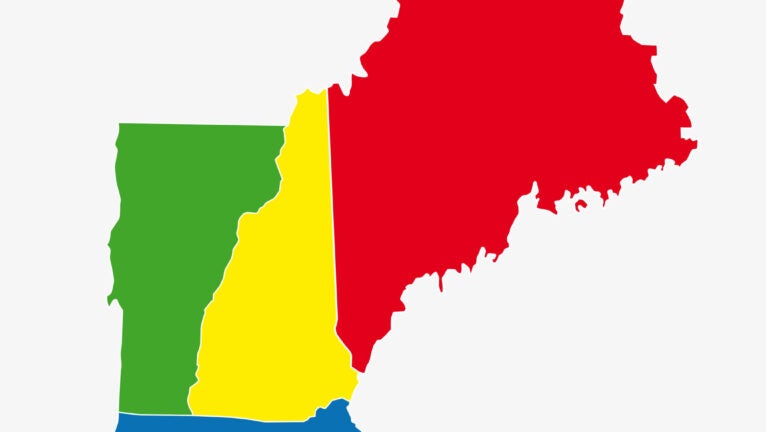 Colorful New England States administrative and political vector map