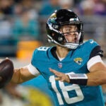 Jacksonville Jaguars quarterback Nathan Rourke (18) in action during an NFL pre-season football game against the Miami Dolphins, Saturday, Aug. 26, 2023, in Jacksonville, Fla. The Jaguars defeated the Dolphins 31-18.