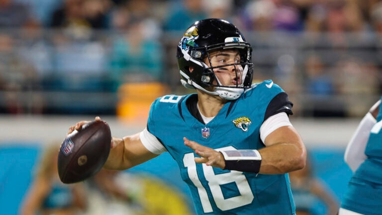 Jacksonville Jaguars quarterback Nathan Rourke (18) in action during an NFL pre-season football game against the Miami Dolphins, Saturday, Aug. 26, 2023, in Jacksonville, Fla. The Jaguars defeated the Dolphins 31-18.