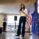 Republican presidential candidate Nikki Haley speaks during a town hall in Iowa.
