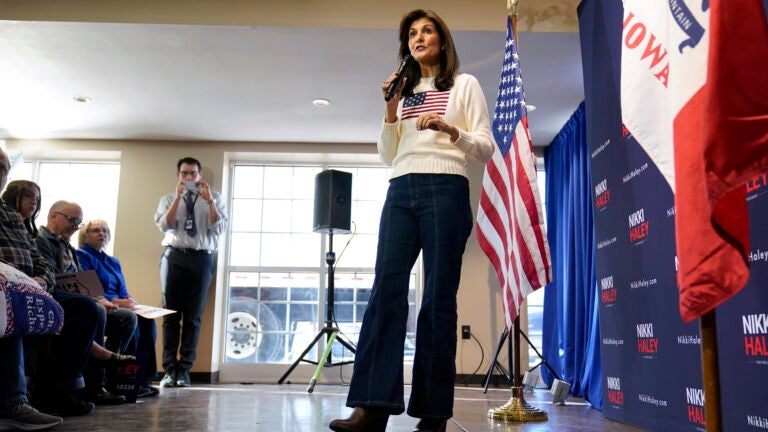 Republican presidential candidate Nikki Haley speaks during a town hall in Iowa.