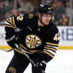 Boston Bruins' Georgii Merkulov plays against the Philadelphia Flyers during the first period of a preseason NHL hockey game, Friday, Sept. 29, 2023, in Boston