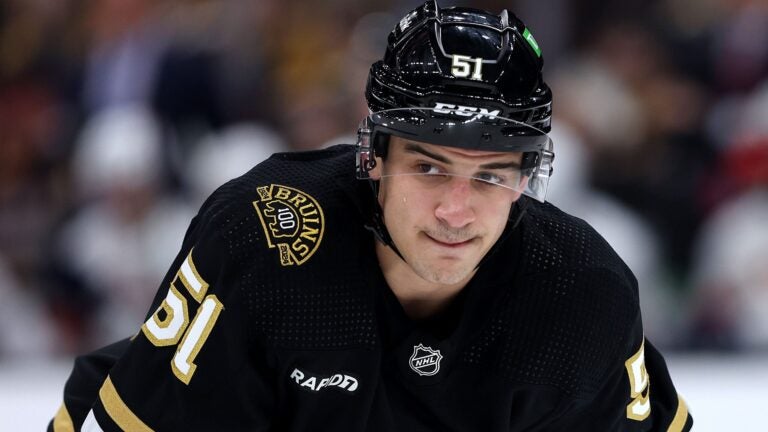 BOSTON, MASSACHUSETTS - OCTOBER 30: Matthew Poitras #51 of the Boston Bruins looks on during the second period against the Florida Panthers at TD Garden on October 30, 2023 in Boston, Massachusetts.