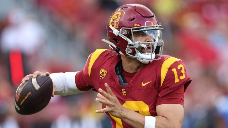 LOS ANGELES, CALIFORNIA - NOVEMBER 18: Caleb Williams #13 of the USC Trojans passes the ball during the first half of a game against the UCLA Bruins at United Airlines Field at the Los Angeles Memorial Coliseum on November 18, 2023 in Los Angeles, California.