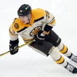 Boston Bruins' Morgan Geekie plays against the Detroit Red Wings during the first period of an NHL hockey game, Saturday, Oct. 28, 2023, in Boston.