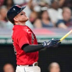 Cleveland Indians' Roberto Perez watches his three-run home run in the eighth inning of the team's baseball game against the Kansas City Royals, Thursday, July 8, 2021, in Cleveland.