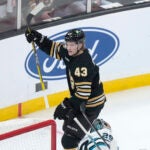 Boston Bruins left wing Danton Heinen celebrates his goal in the second period of an NHL hockey game against the San Jose Sharks, Thursday, Nov. 30, 2023, in Boston.