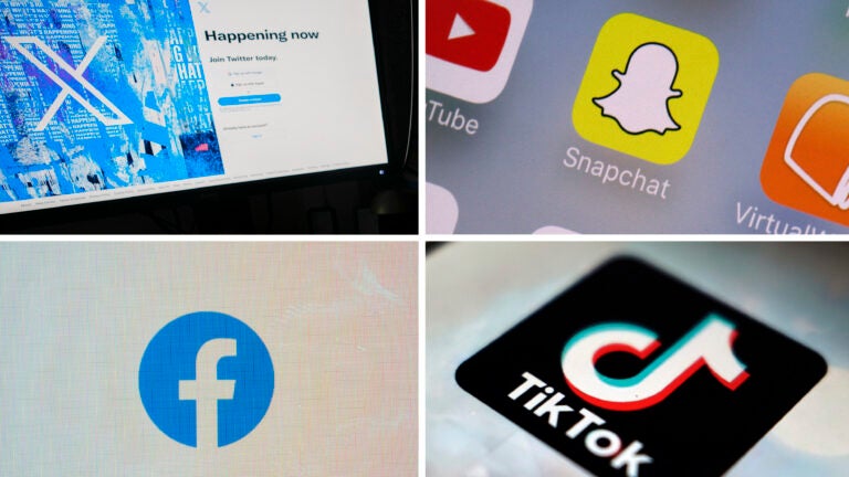 The logo designs of X, Snapchat, Facebook, and TikTok.