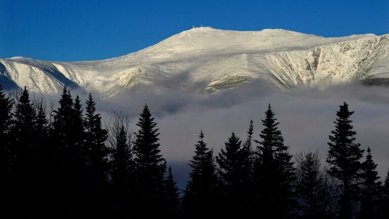 The snow-covered summit of Mount Washington in New Hampshire