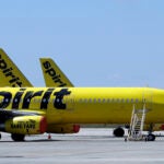 A line of Spirit Airlines jets sit on the tarmac at Orlando International Airport.