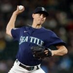 SEATTLE, WASHINGTON - SEPTEMBER 26: George Kirby #68 of the Seattle Mariners pitches during the first inning against the Houston Astros at T-Mobile Park on September 26, 2023 in Seattle, Washington.