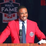 Rodney Harrison smiles as he gives his speech. The New England Patriots held an induction ceremony outside of Gillette Stadium to install the two newest members of their franchise's Hall of Fame, Rodney Harrison and the late Leon Gray.