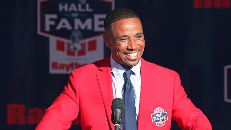 Rodney Harrison smiles as he gives his speech. The New England Patriots held an induction ceremony outside of Gillette Stadium to install the two newest members of their franchise's Hall of Fame, Rodney Harrison and the late Leon Gray.