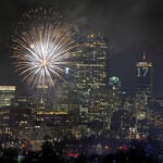 Fireworks display during the First Night celebration at Boston Common viewed from the Rosalie K. Stahl Center at Suffolk University in Boston, MA, on New Years Eve, December 31, 2016.