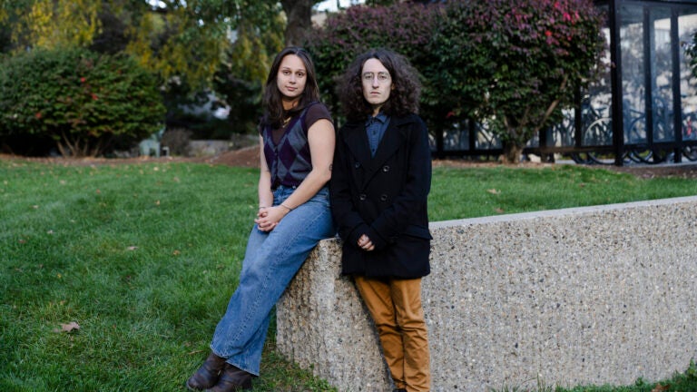 Tufts University Resident Assistants Anisha Uppal-Sullivan and David Whittingham at Tufts University campus in Medford, Mass.