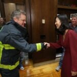 Mayor Michelle Wu, right, met actor Matt Damon in her City Hall office on Tuesday.