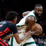 Boston Celtics guard Jaylen Brown (7) plays against Chicago Bulls forward Julian Phillips (15) in the second half. The Celtics defeat the Bulls, 124-97, at TD Garden.