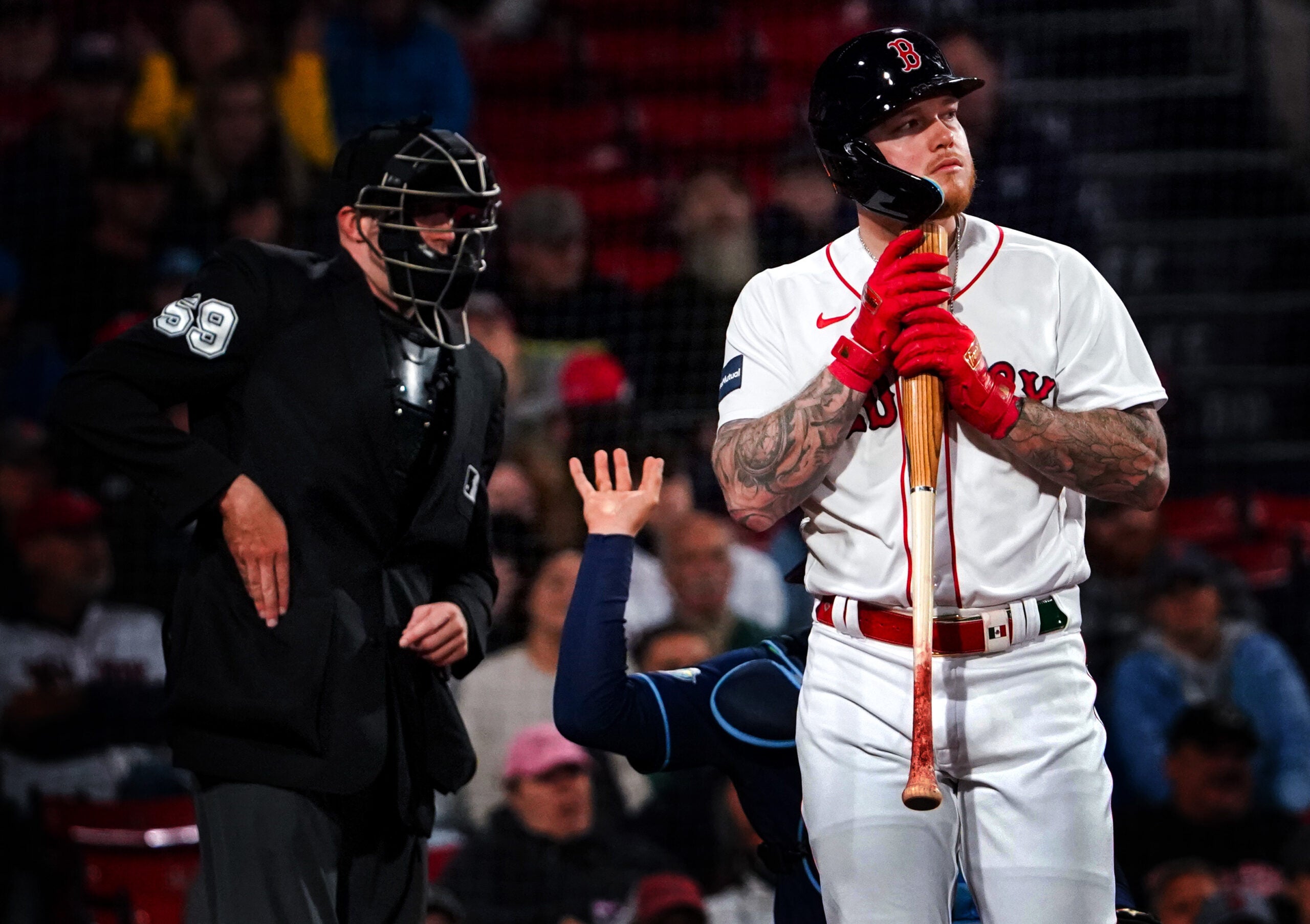 Boston Red Sox right fielder Alex Verdugo (99) watches the replay after lining out in the first inning. The Boston Red Sox host the Tampa Bay Rays on September 26, 2023 at Fenway Park in Boston, MA.