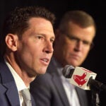 New Boston Red Sox director of baseball operations Craig Breslow speaks to the media accompanied by Boston Red Sox president and chief executive officer Sam Kennedy.