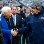 New England Patriots owner Robert Kraft shaking hands with head coach Bill Belichick before they play the New York Giants during NFL action at MetLife Stadium.