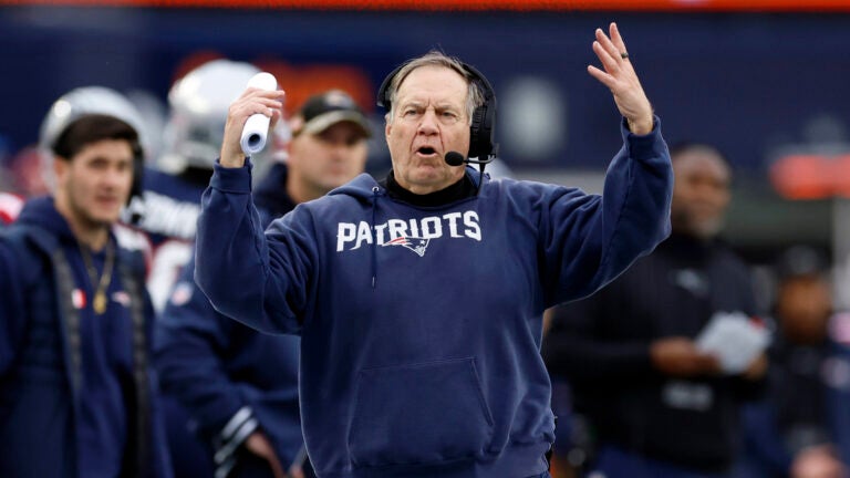 New England Patriots head coach Bill Belichick argues a call in the first half at Gillette Stadium.