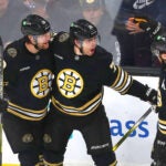Boston Bruins left wing Jake DeBrusk (74)(right) celebrates his 2nd period goal with Pavel Zacha(left) and Boston Bruins right wing David Pastrnak (88).