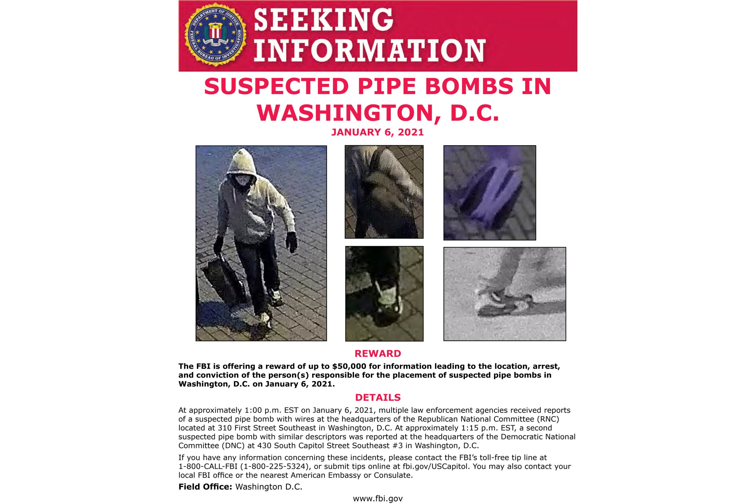 This image from an FBI poster seeking a suspect who allegedly placed pipe bombs in Washington on Jan. 6, 2021. 
