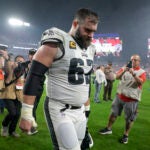 Philadelphia Eagles center Jason Kelce walks off the field.