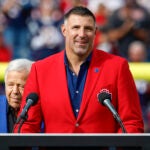 Recent New England Patriots hall of fame inductee Mike Vrabel addresses the crowd during halftime of an NFL football game against the Buffalo Bills on Sunday, Oct. 22, 2023, in Foxborough, Mass.