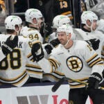 Boston Bruins defenseman Kevin Shattenkirk (12) celebrates a goal against the Columbus Blue Jackets in the second period of an NHL hockey game Tuesday, Jan. 2, 2024, in Columbus, Ohio.