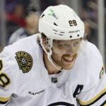 NEW YORK, NEW YORK - NOVEMBER 25: David Pastrnak #88 of the Boston Bruins skates against the New York Rangers at Madison Square Garden on November 25, 2023 in New York City.