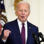 President Joe Biden speaks in the East Room.